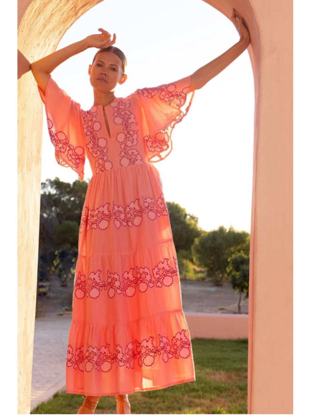 Oliphant Flirty V Neck Maxi Tiered Dress Tangier Pink Flutter Sleeve Embroidery - Picture 7 of 13